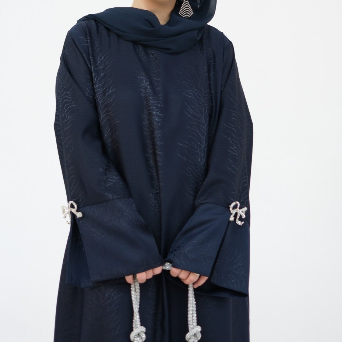 3D Jacquard Bow Abaya & Hijab Set | Butterfly Sleeve Brocade Dress(MA352) - Mariam's Collection
