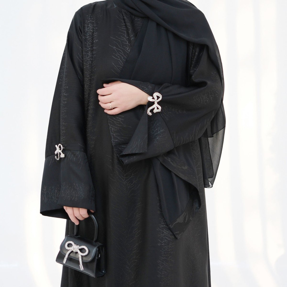 3D Jacquard Bow Abaya & Hijab Set | Butterfly Sleeve Brocade Dress(MA352) - Mariam's Collection