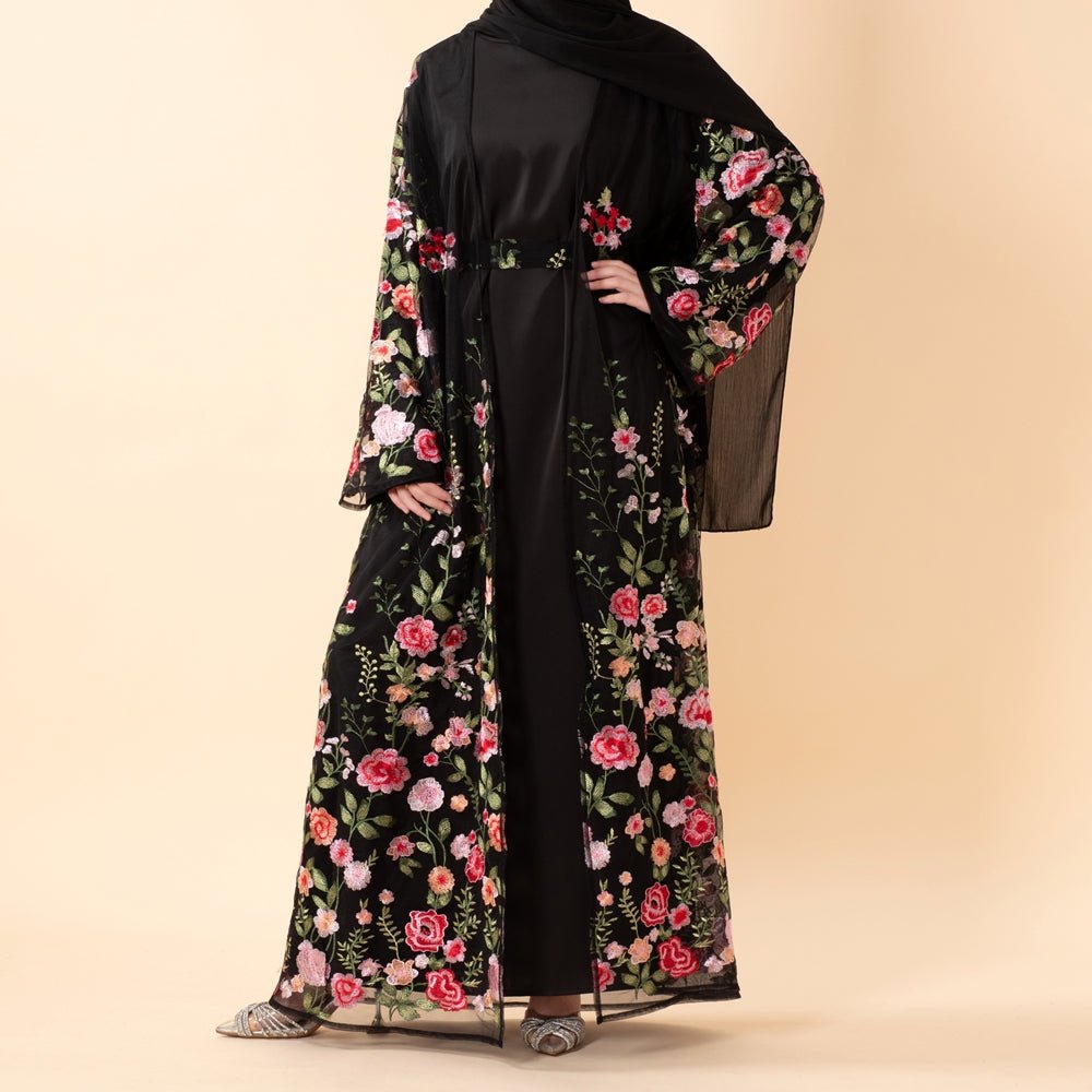 Rose Garden Embroidered Open Abaya – 3D Floral Abaya