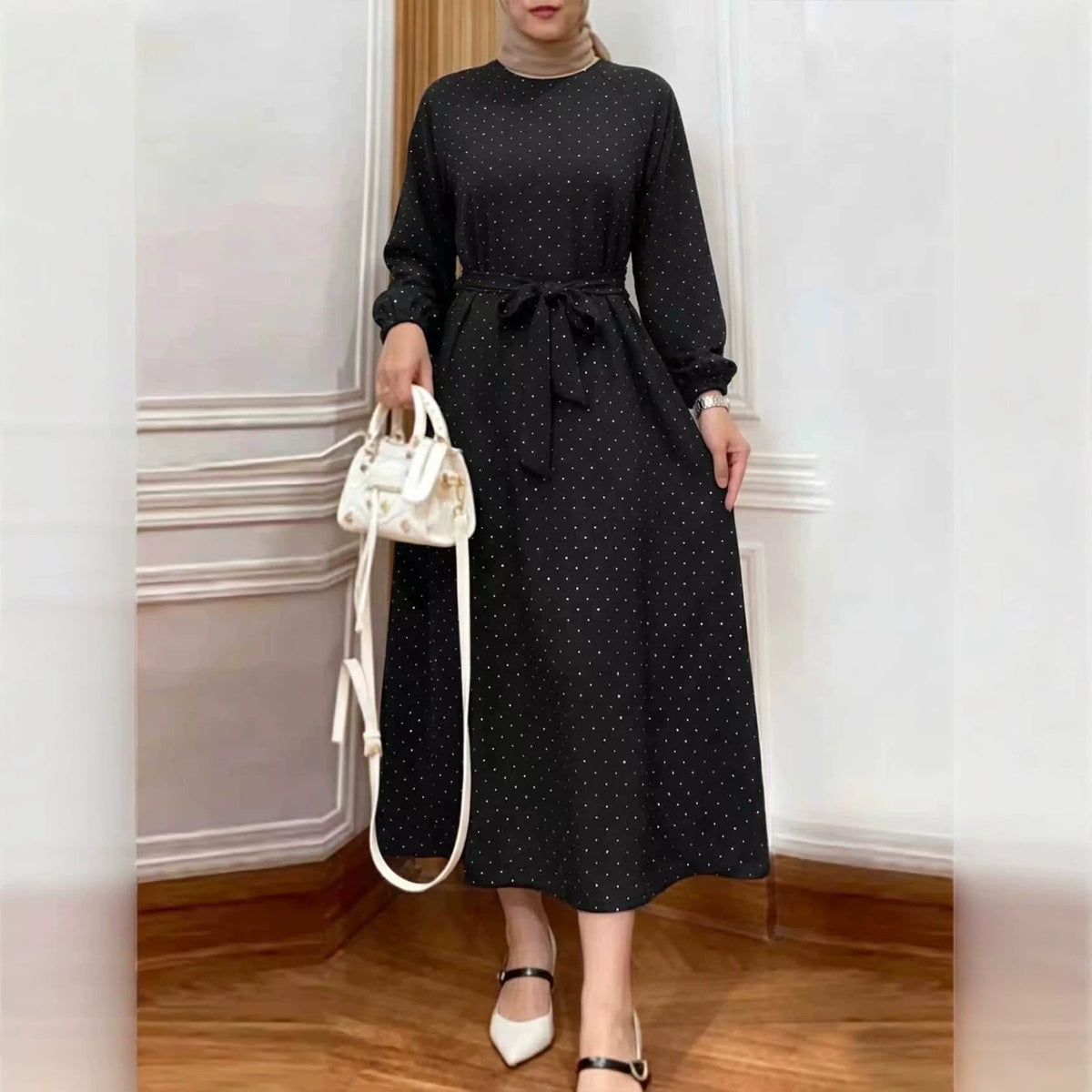 All-Over Rhinestone Maxi Dress | Belted Puff-Sleeve Modest Dress(MS583) - Mariam's Collection