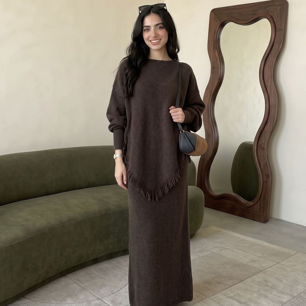 Asymmetric Fringe Knit Top & Maxi Skirt Set | Modest Two-Piece Outfit(MS581) - Mariam's Collection