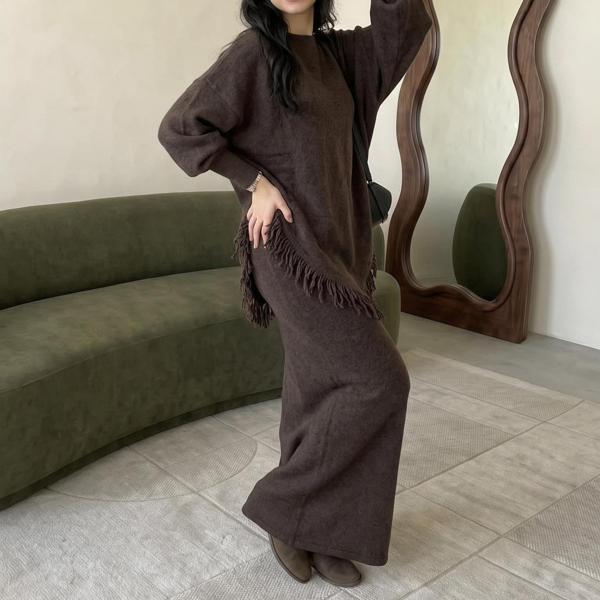 Asymmetric Fringe Knit Top & Maxi Skirt Set | Modest Two-Piece Outfit(MS581) - Mariam's Collection