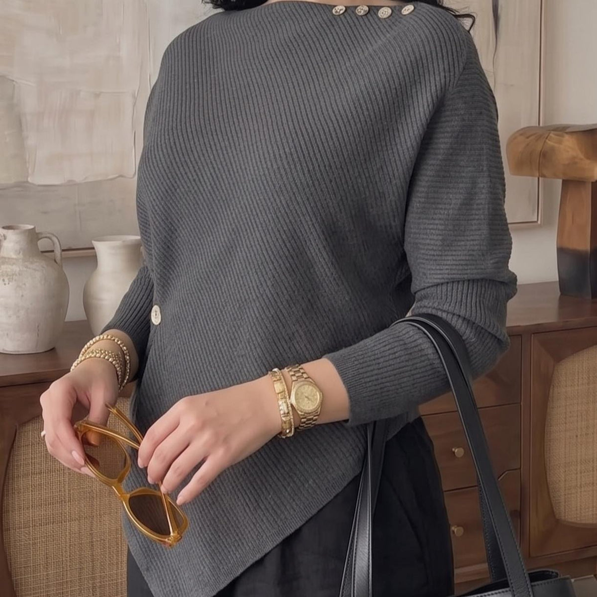 Asymmetric Waist-Detail Knit Top | Long-Sleeve Ribbed Sweater(MS582) - Mariam's Collection