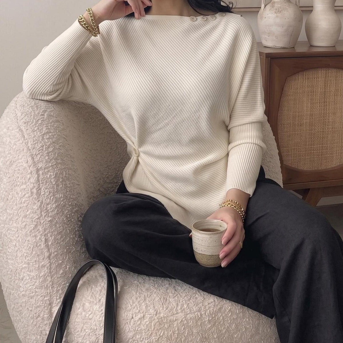 Asymmetric Waist-Detail Knit Top | Long-Sleeve Ribbed Sweater(MS582) - Mariam's Collection