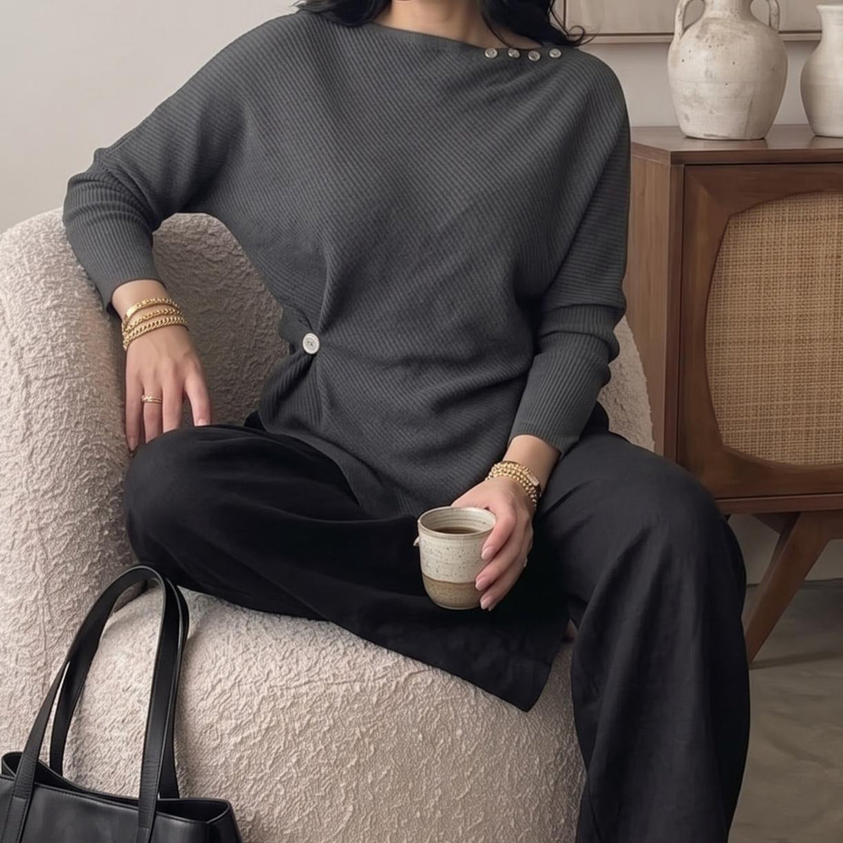 Asymmetric Waist-Detail Knit Top | Long-Sleeve Ribbed Sweater(MS582) - Mariam's Collection