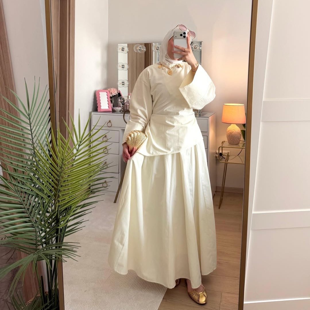 Side profile of modest skirt set showing fitted bodice