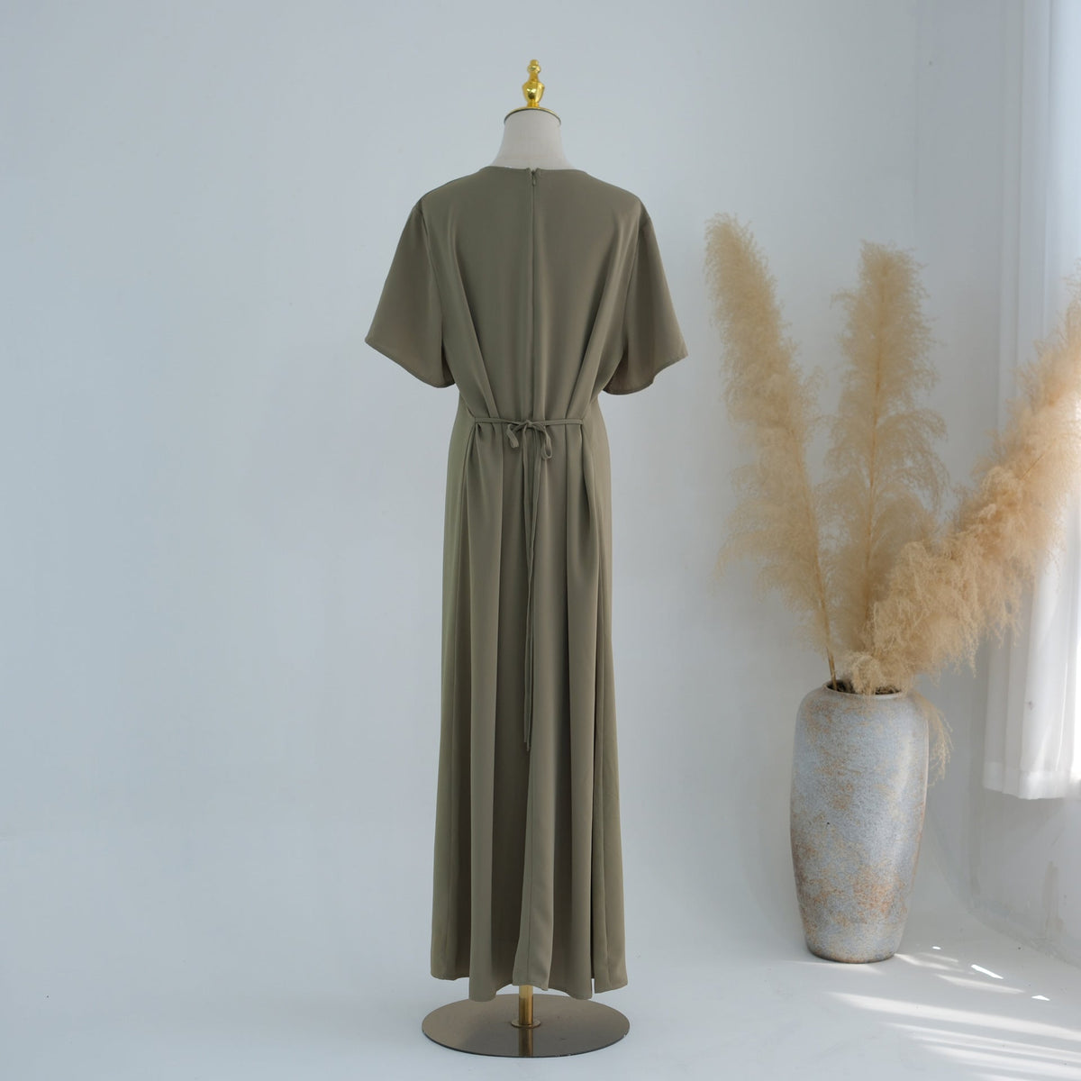 Belted Inner Maxi Dress | Minimalist Mid-Sleeve Layering Dress(MS568) - Mariam's Collection