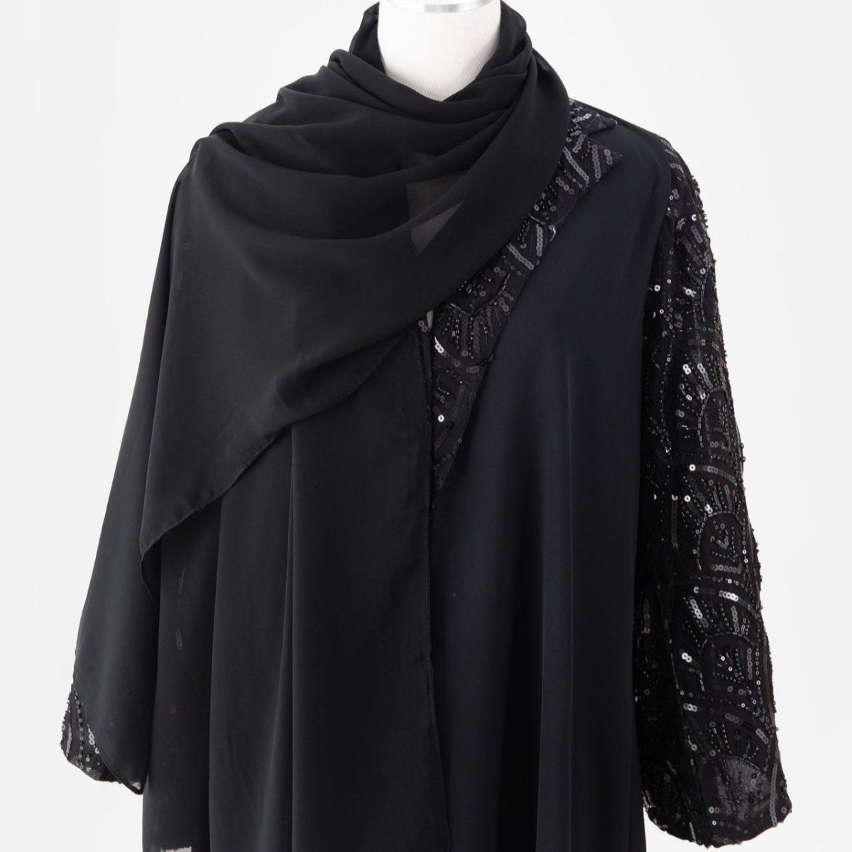 Back view of black embroidered sleeve open abaya with matching matte hijab