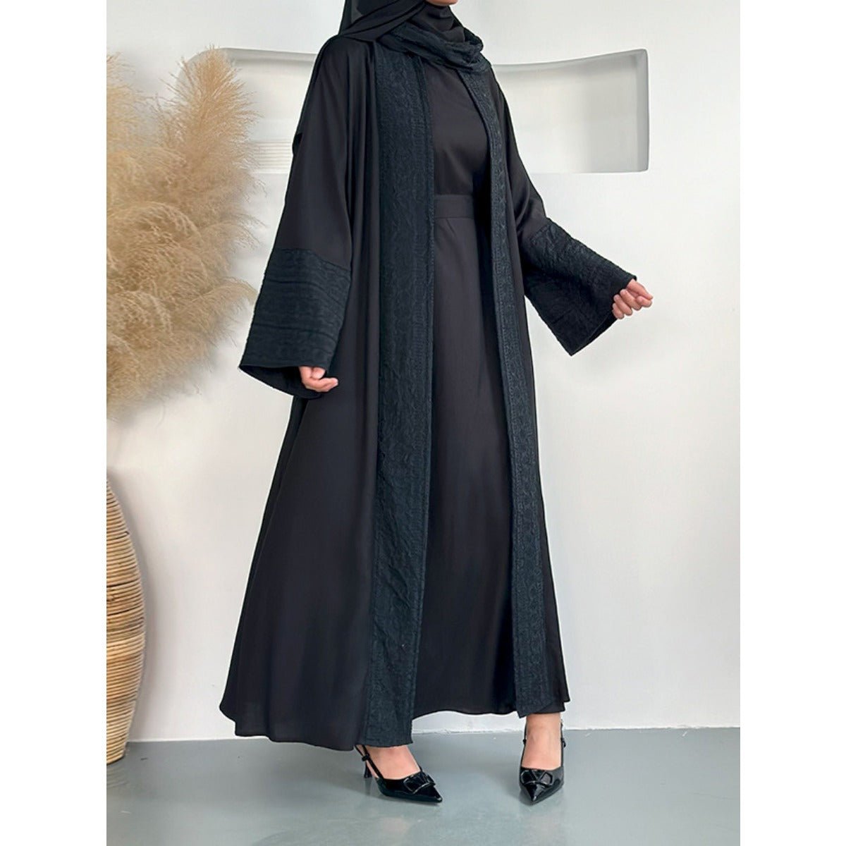 Blossom Elegance Modest Luxury 3 - Piece Abaya Set | Pink & Beige Bell Sleeve Robe with Inner Dress & Hijab. (MOA193) - Mariam's Collection