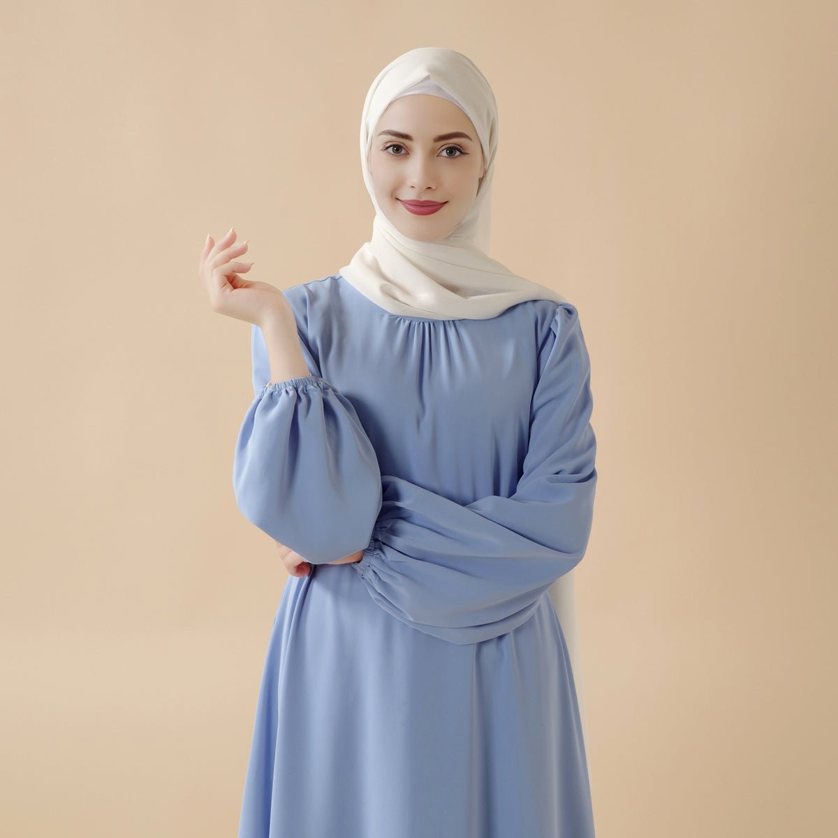 Candy color abaya in sky blue — detachable belt worn loose