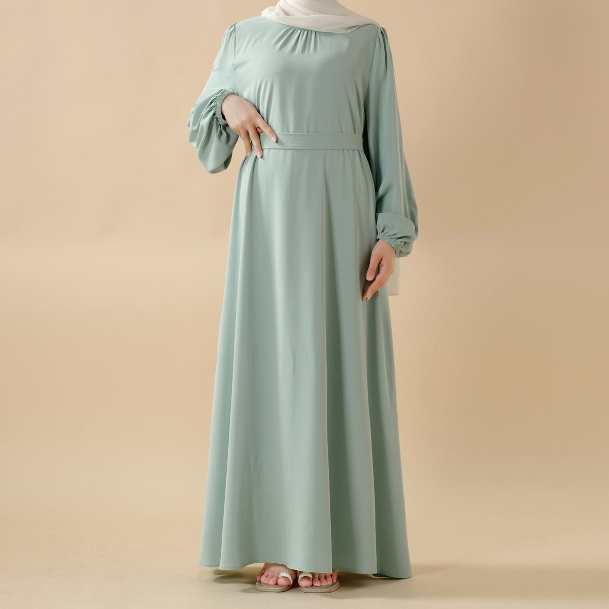 Balloon sleeve detail of candy pastel maxi abaya