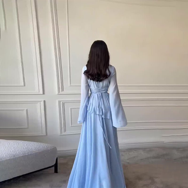 Chiffon Ruffle Gown Bell Sleeve – Tiered Maxi Dress