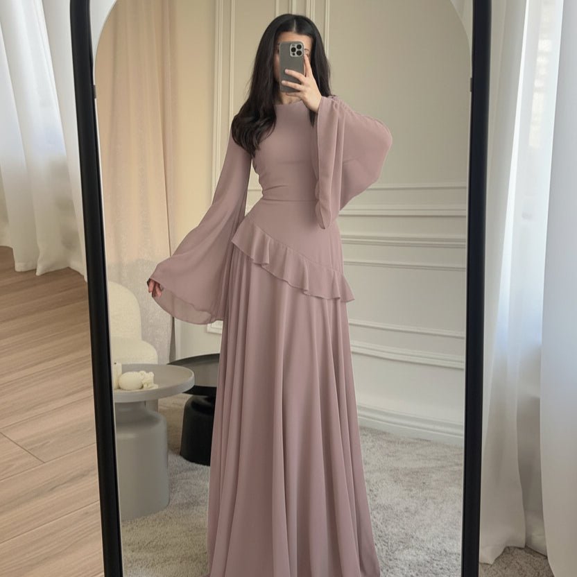 Bell sleeve detail on lightweight chiffon maxi dress in sky blue