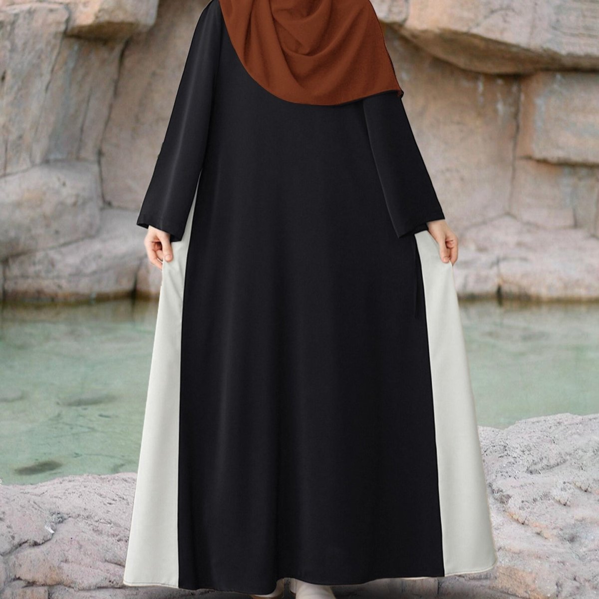 Colorblock Side - Tie Abaya | Two - Tone Round Neck Maxi Dress(MA362) - Mariam's Collection