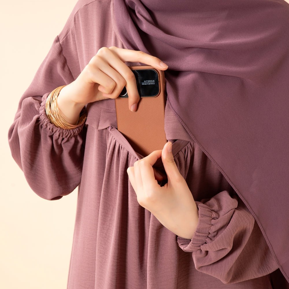 Front view of dark navy single-set crepe Umrah abaya
