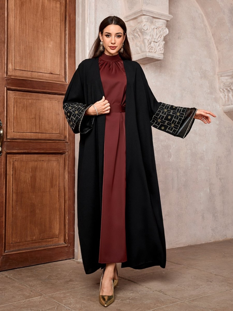 Elegant Brown & Black Bat Sleeve Robe Abaya | Gold Thread Embroidered Maxi Dress with Detachable Belt(MOA215) - Mariam's Collection