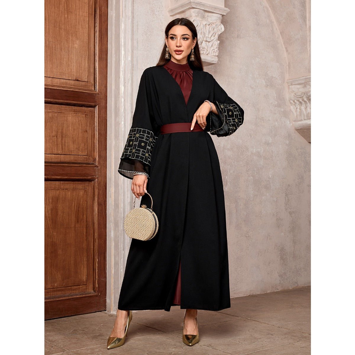 Elegant Brown & Black Bat Sleeve Robe Abaya | Gold Thread Embroidered Maxi Dress with Detachable Belt(MOA215) - Mariam's Collection