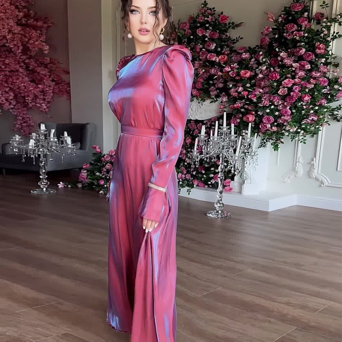 Elegant Burgundy Glitter Satin Long Sleeve Ball Gown with Flared Cuffs. (MA223) - Mariam's Collection