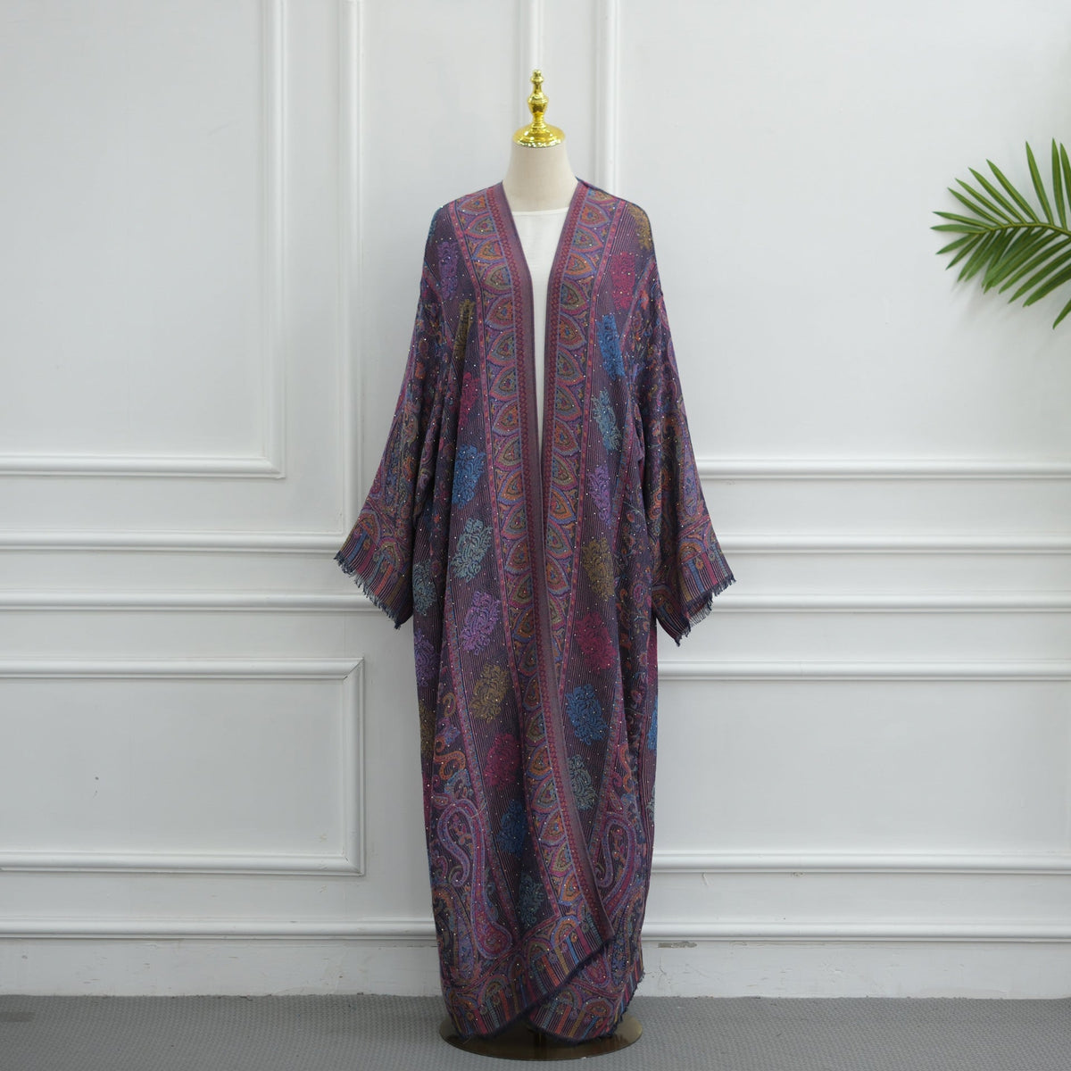 Full-length view of layered jacquard abaya hijab set