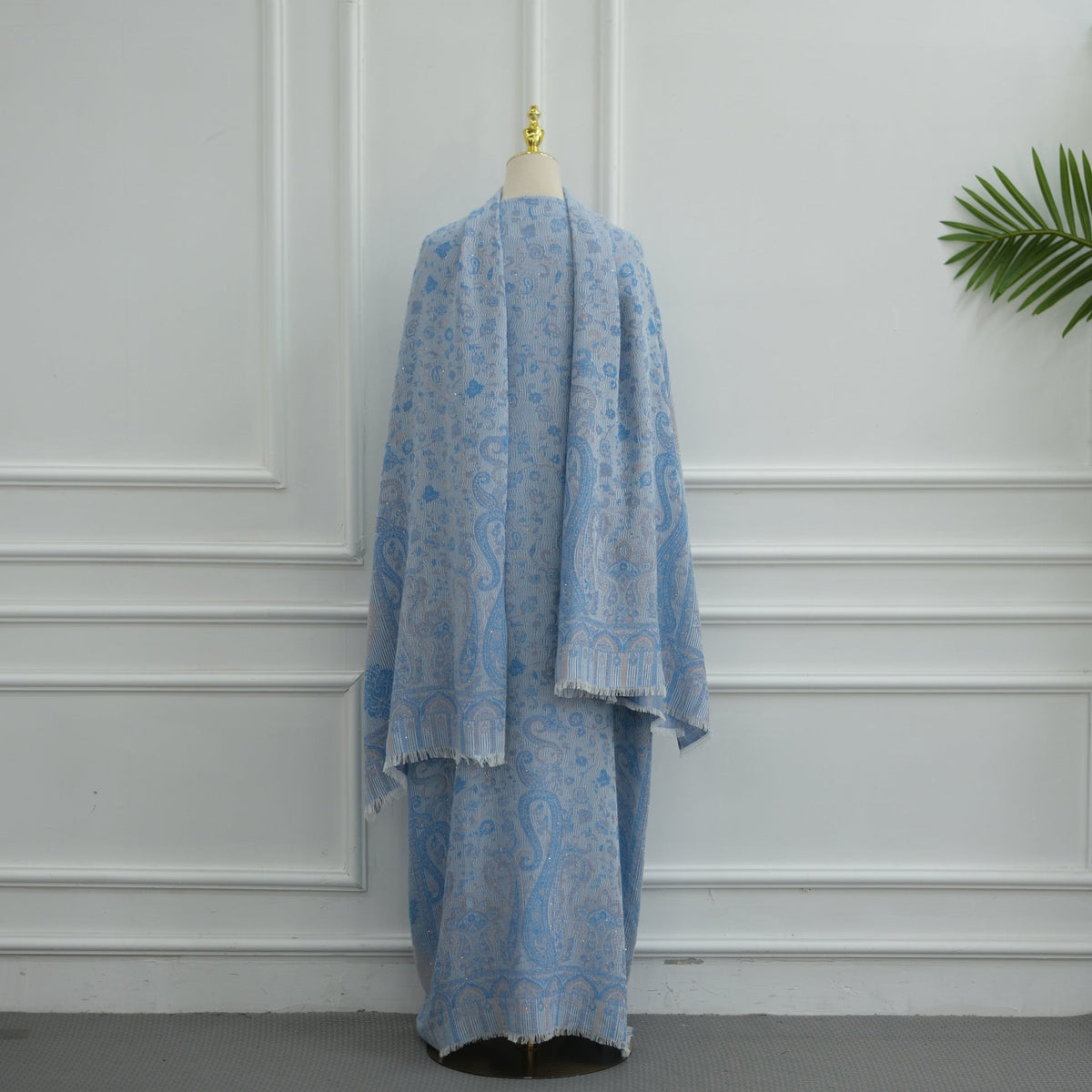Back drape of woven jacquard rhinestone abaya cardigan