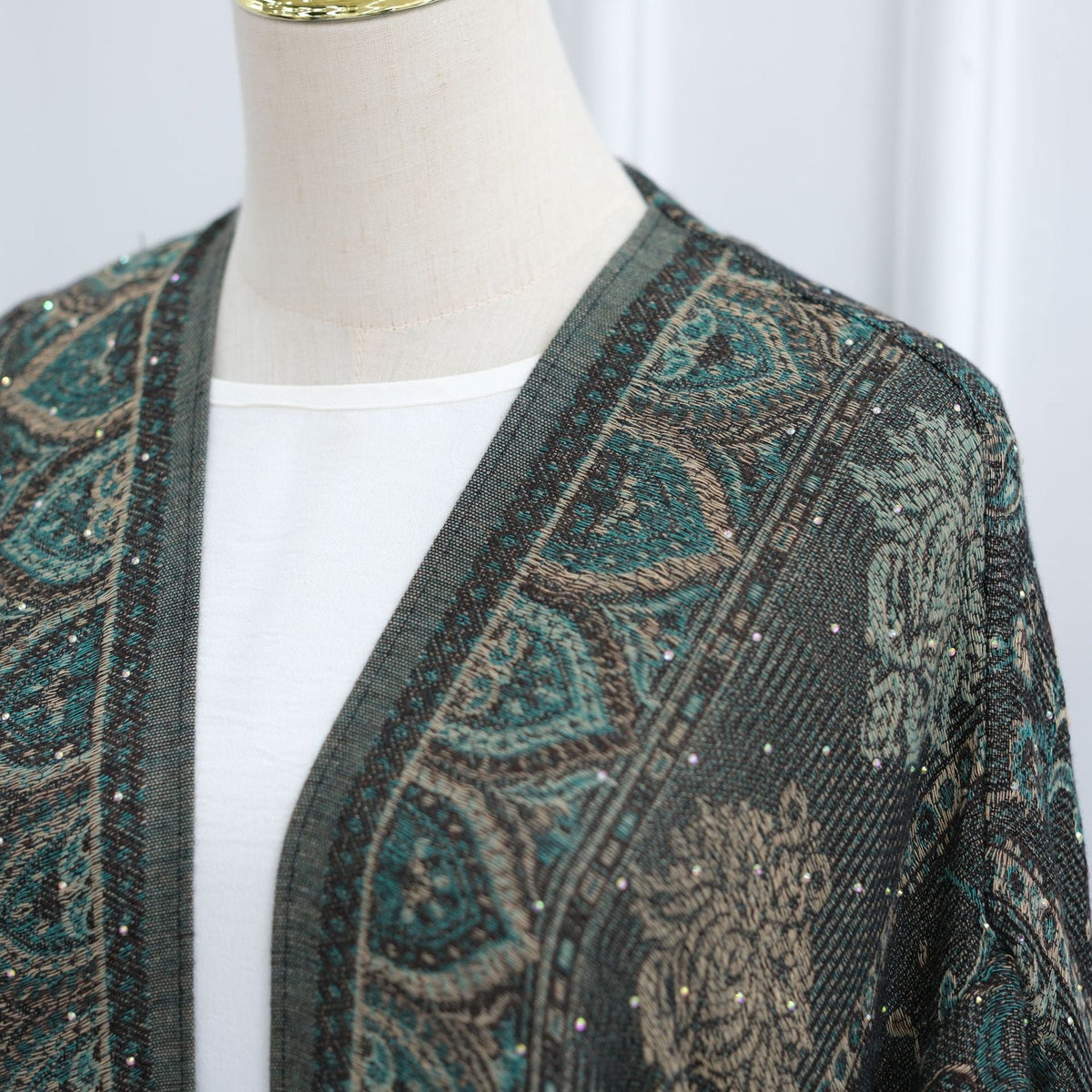 Coordinated jacquard hijab draped and styled