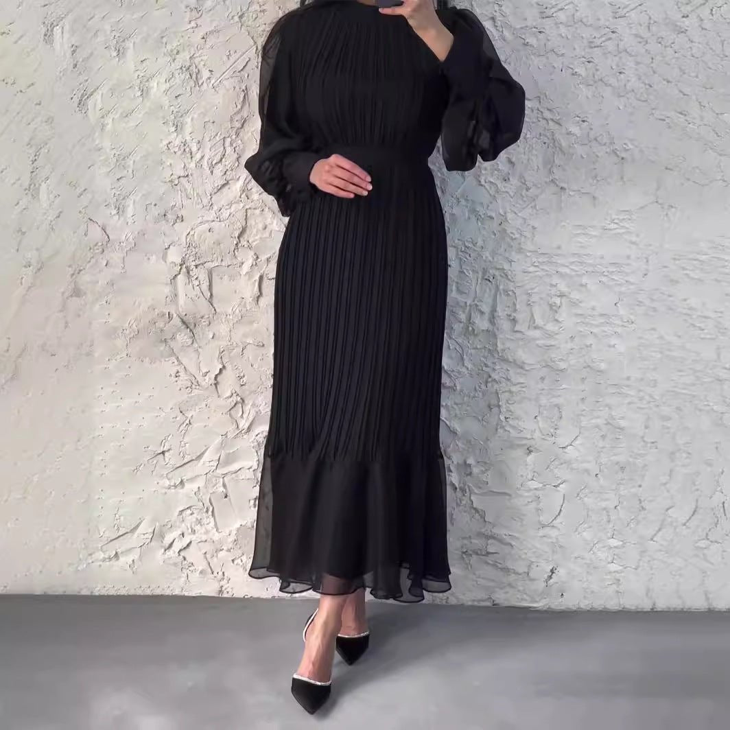 Elegant Lightweight Textured Long Skirt with Puff Sleeves Abaya Dress. (MA201) - Mariam's Collection
