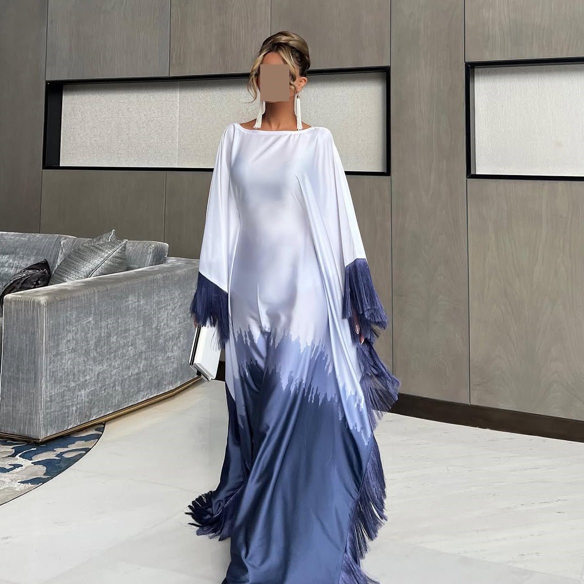 Elegant Ombre Gradient Print Fringed Robe Dress Abaya. (MA179) - Mariam's Collection
