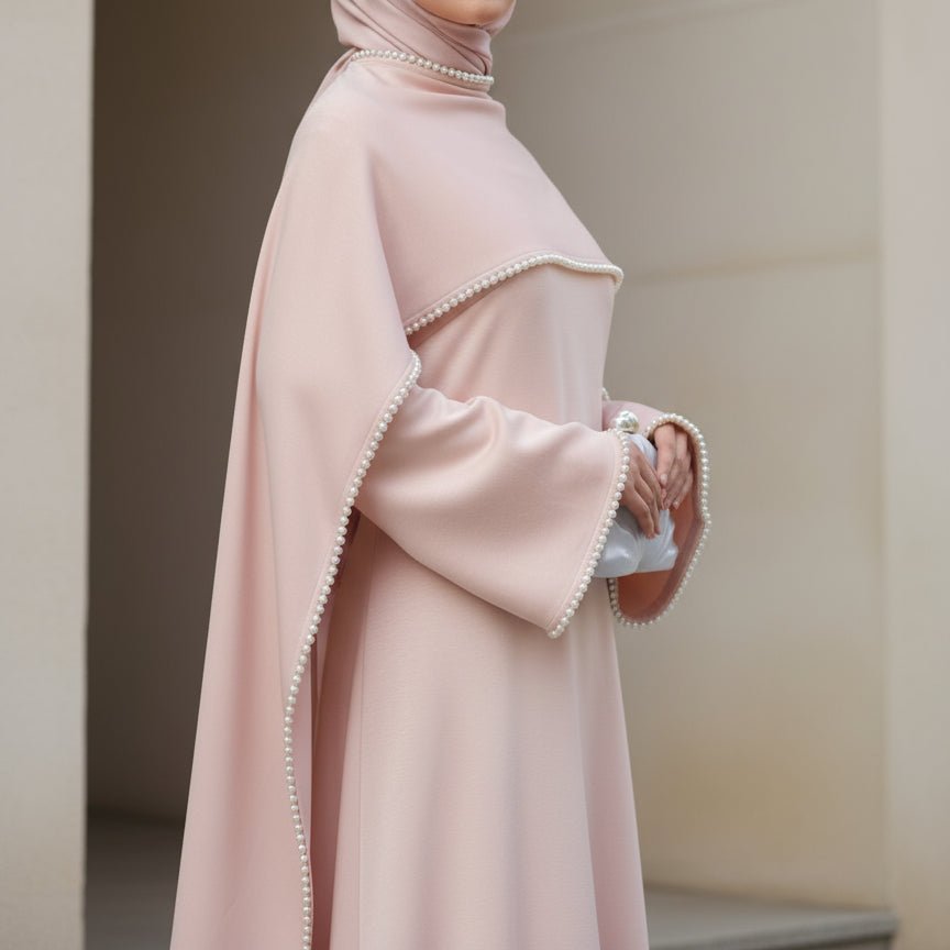 Pearl Embellished Cape Sleeve Abaya – Blush Evening Dress