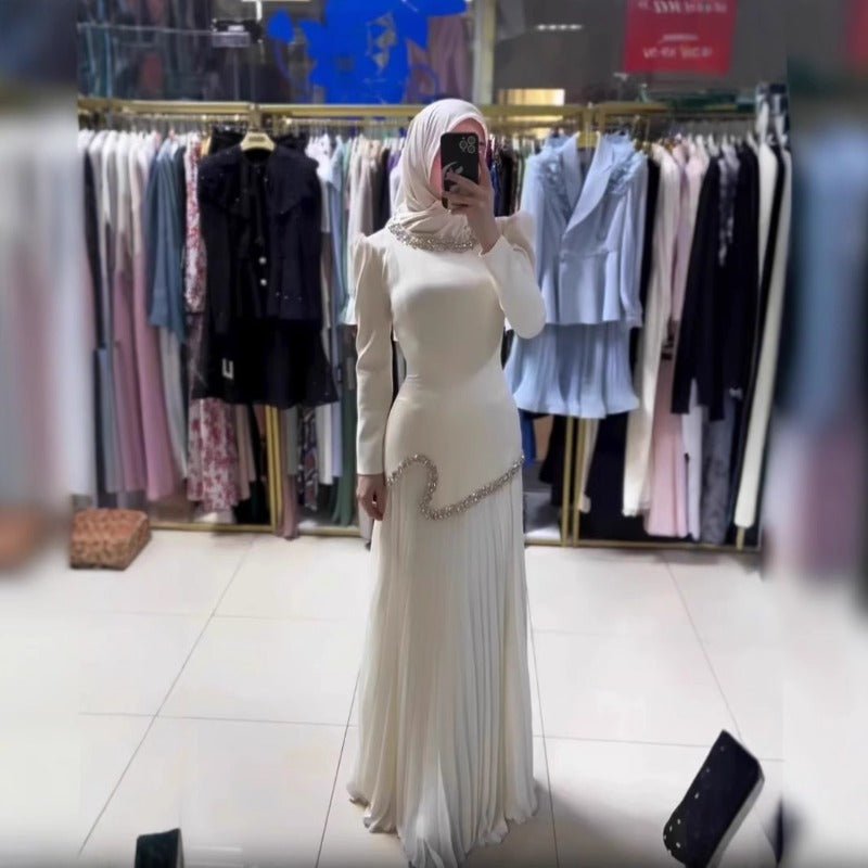 Elegant Pleated Abaya Dress with Diamond Embellished Collar & Waist | Modest Muslim Maxi Dress with Back Strap Detail(MA294) - Mariam's Collection