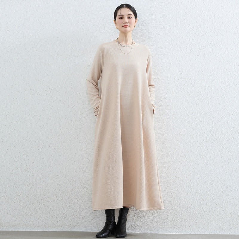 Elegant Round Neck A - Line Maxi Dress - Solid Color Modest Abaya with Pockets(MA310) - Mariam's Collection