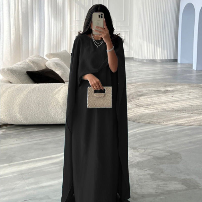 Elegant Royal Satin Abaya Dress | Modest Cape Sleeve Maxi Robe with Luxurious Draping(MA289) - Mariam's Collection