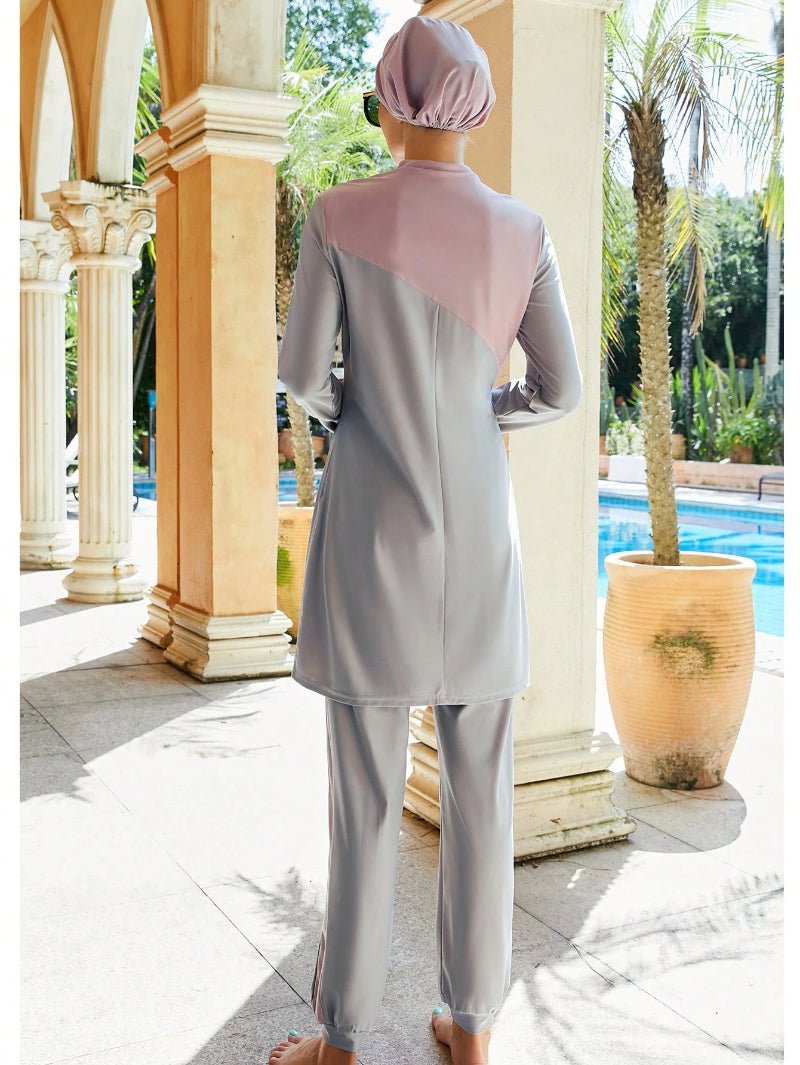 Female Muslim Swimsuit, Islamic Dignified Swimsuit 3 Pieces Set, Gray And Pink Patchwork Full Set, Headscarf, Long Sleeved Burkini Dress+Pants. (MB016) - Mariam's Collection