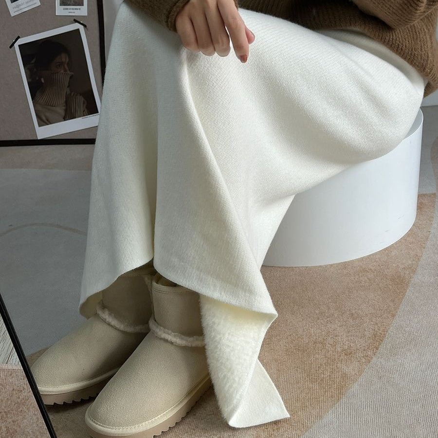 Fleece - Lined Knit Midi Skirt with Side Slit(MS207) - Mariam's Collection