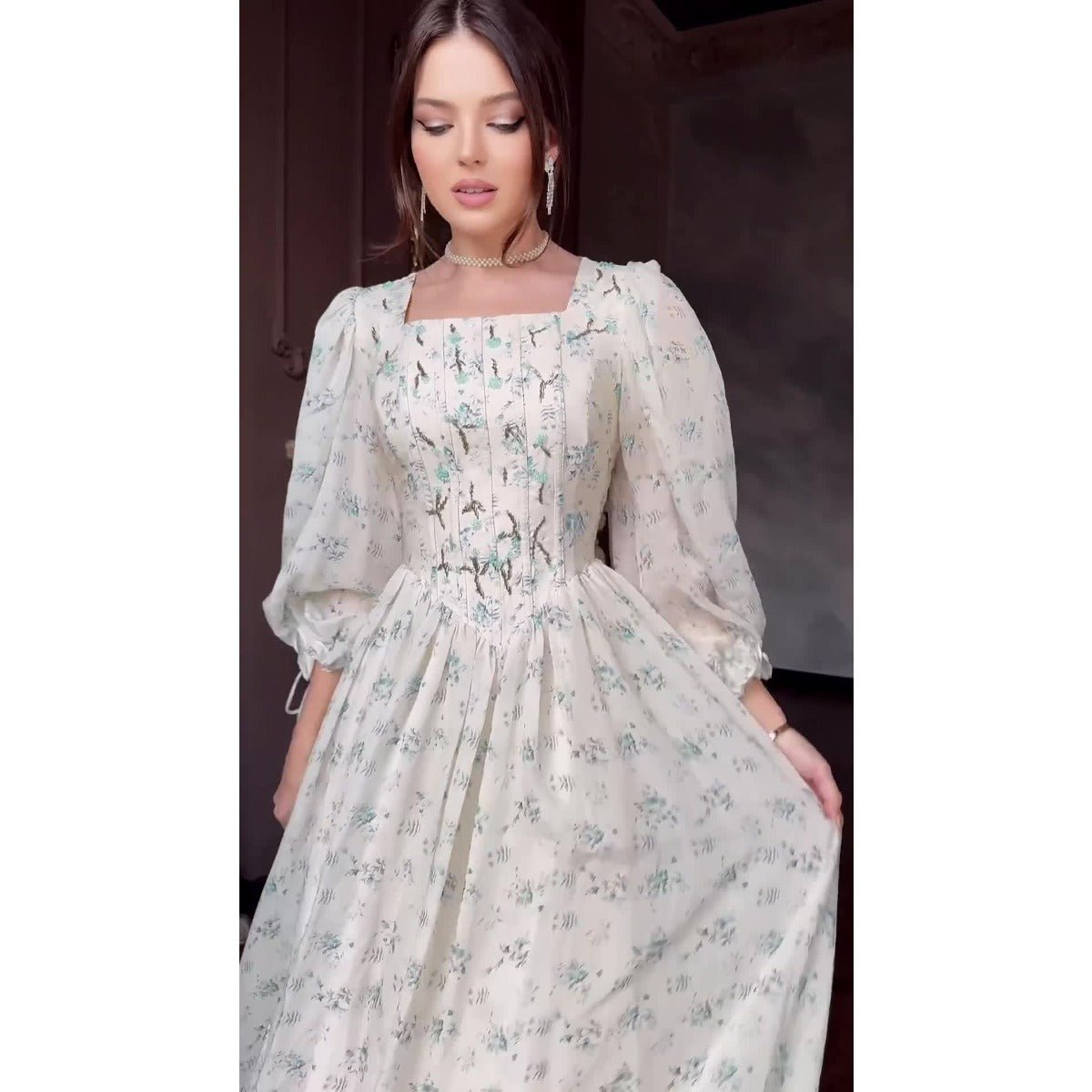 Floral Fairy Romantic Square Neck Bubble Sleeve Gown Dress Abaya with Back Lace - Up Detail. (MA224) - Mariam's Collection