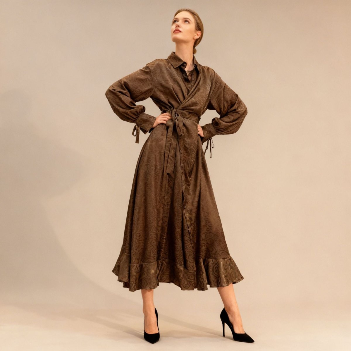 Floral Jacquard Wrap Dress | Collared Tie - Sleeve Maxi Dress(MS257) - Mariam's Collection