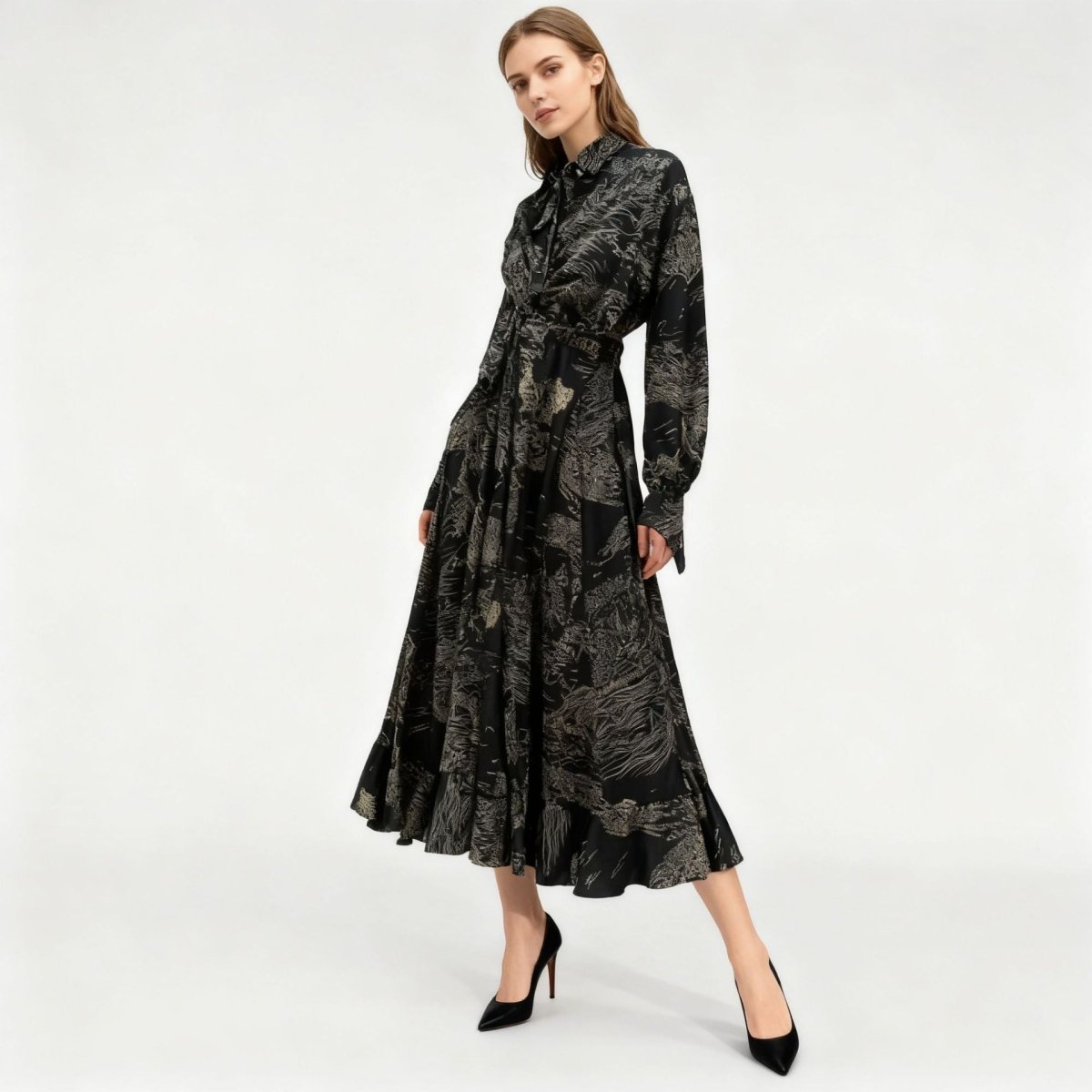 Floral Jacquard Wrap Dress | Collared Tie - Sleeve Maxi Dress(MS257) - Mariam's Collection