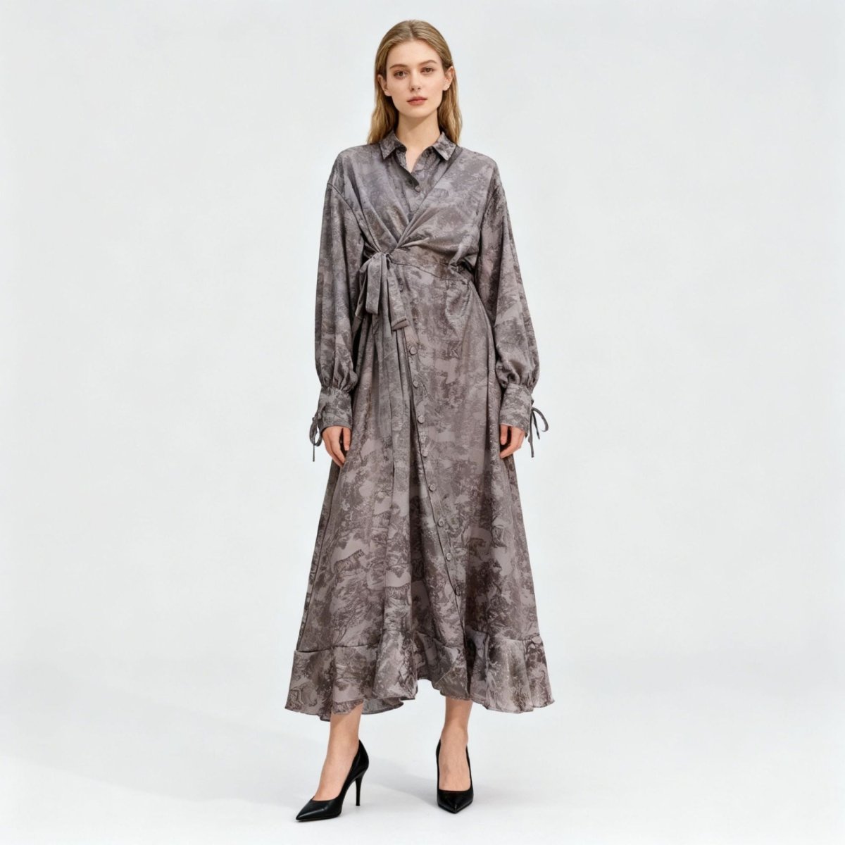 Floral Jacquard Wrap Dress | Collared Tie - Sleeve Maxi Dress(MS257) - Mariam's Collection