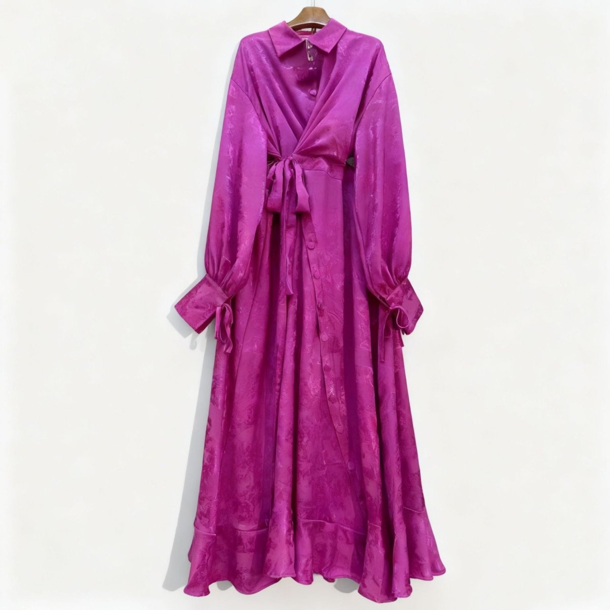Floral Jacquard Wrap Dress | Collared Tie - Sleeve Maxi Dress(MS257) - Mariam's Collection