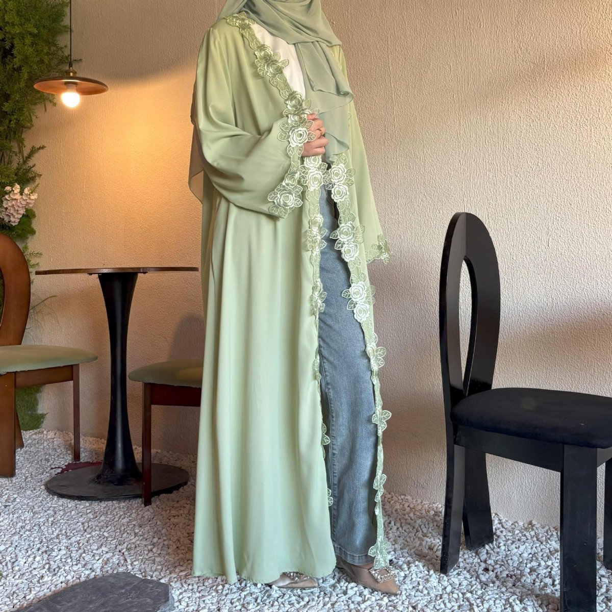 Floral Lace Trim Abaya with Hijab