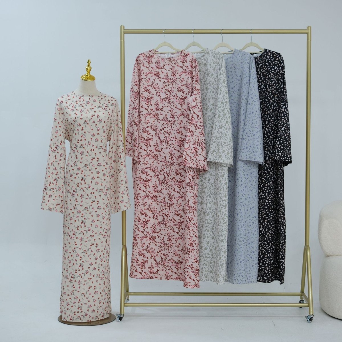 Back view of floral maxi dress with concealed centre back zip