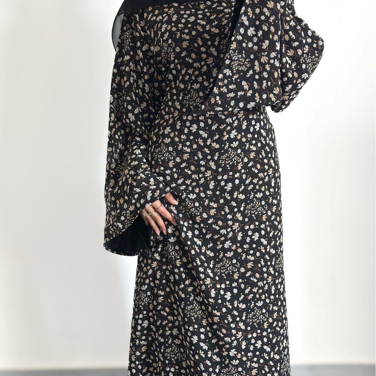 Side view showing fluid drape of washed crinkle maxi dress