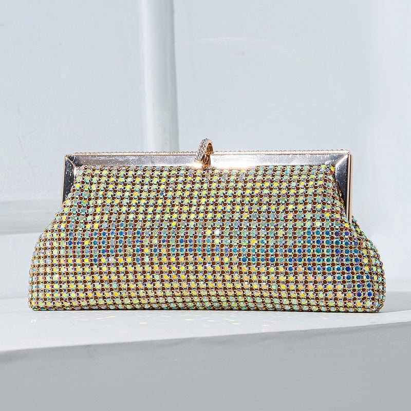 Side profile showing structured silhouette of rhinestone clutch