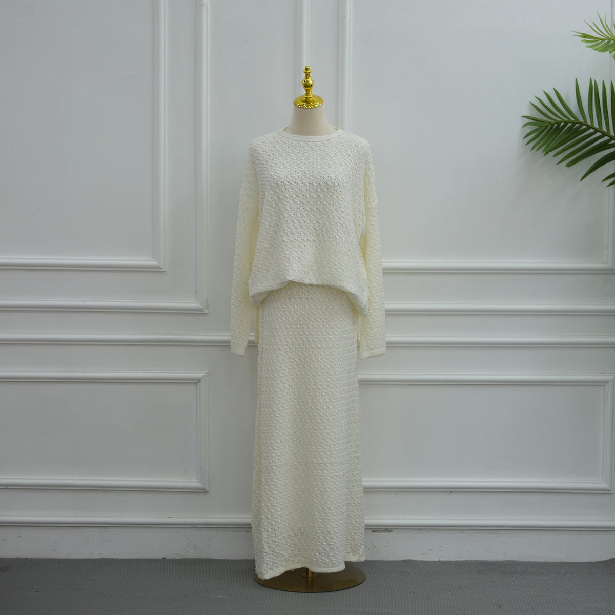 Full-length view of lined modest maxi skirt in crochet knit co-ord set