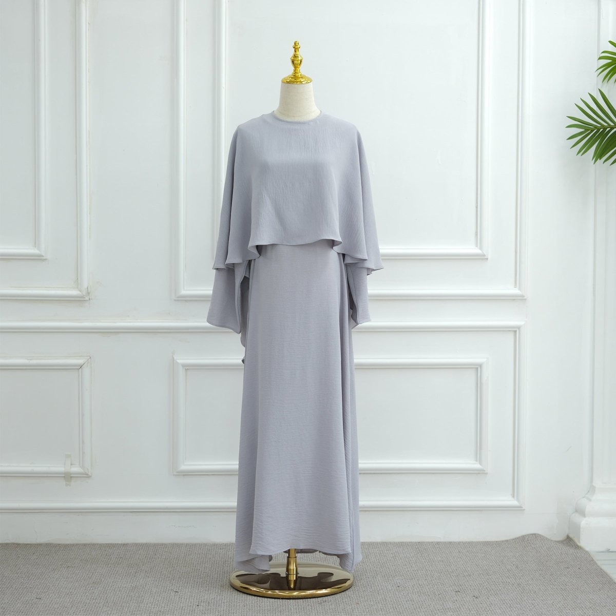 Ice Silk Crinkle Cape Set | 3 - Piece Solid Color Abaya with Inner Dress & Belt(MA304) - Mariam's Collection