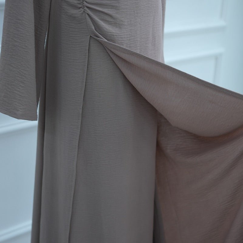 Ice Silk Crinkle Round Neck A - Line Work Dress with Decorative Button & Built - in Belt(MA308) - Mariam's Collection