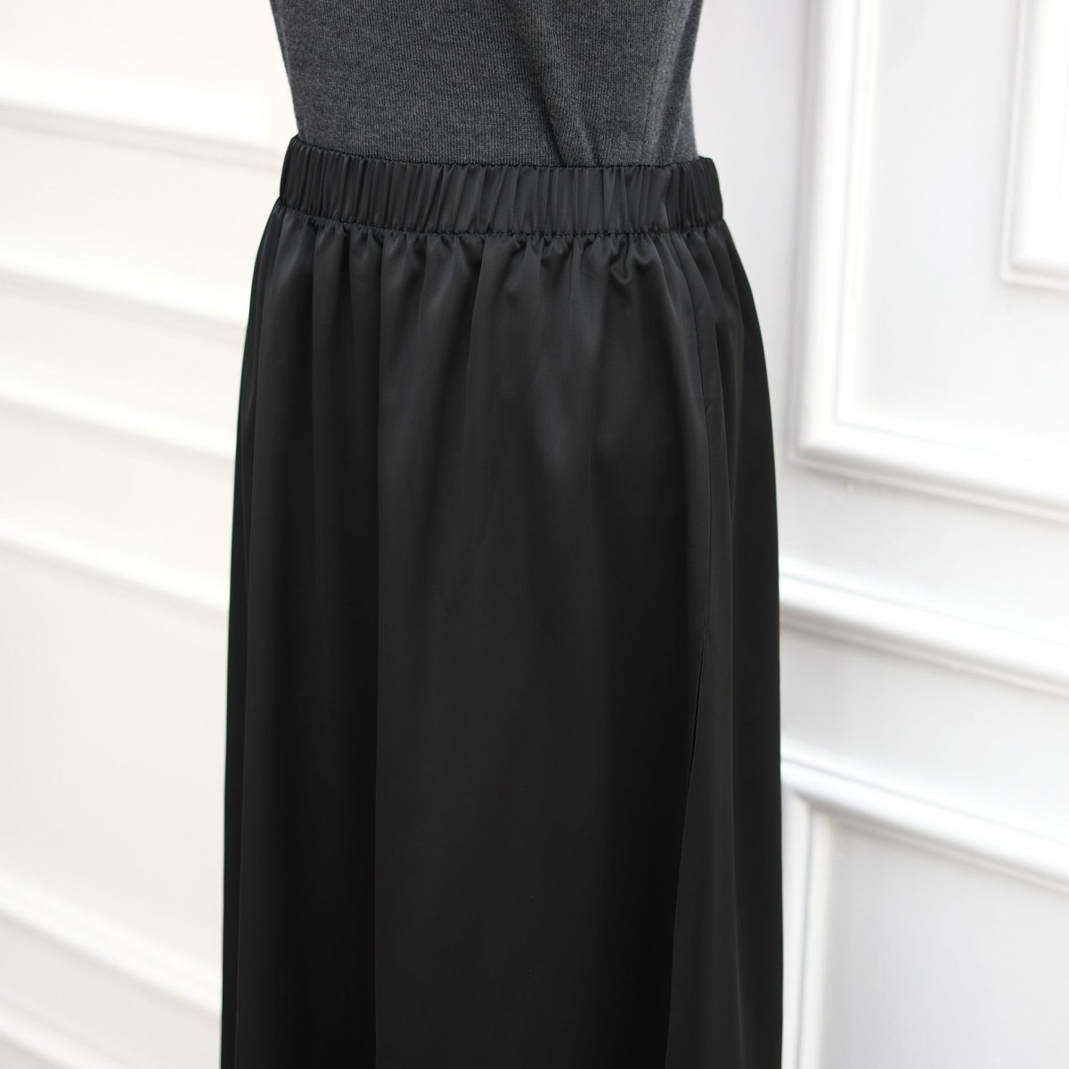Full-length view of lace trim satin top in chocolate colourway