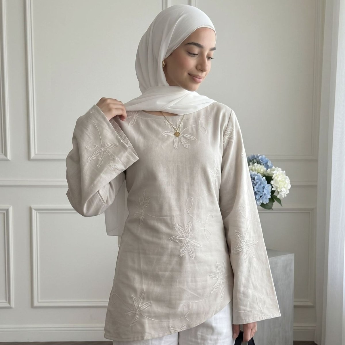 Leaf & Floral Embroidered Flared-Sleeve Top – Asymmetric Hem Top