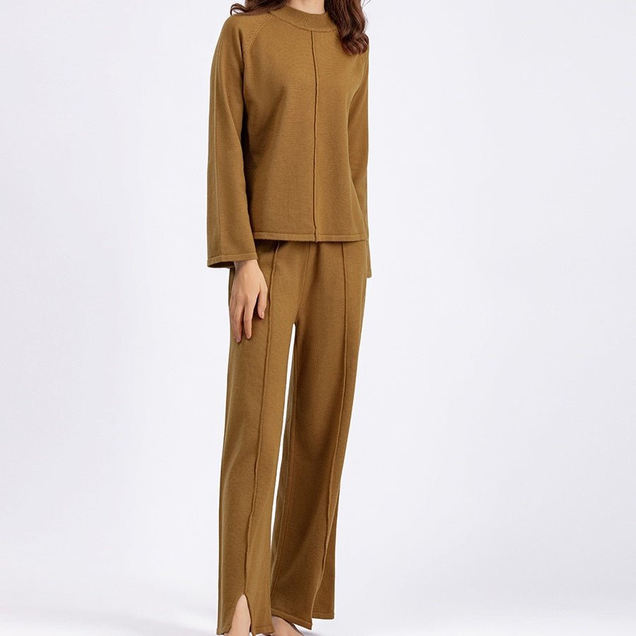 Loose Fit Solid Color Knit Two - Piece Set | Pullover Sweater & Wide Leg Pants with Side Slits(MS143) - Mariam's Collection