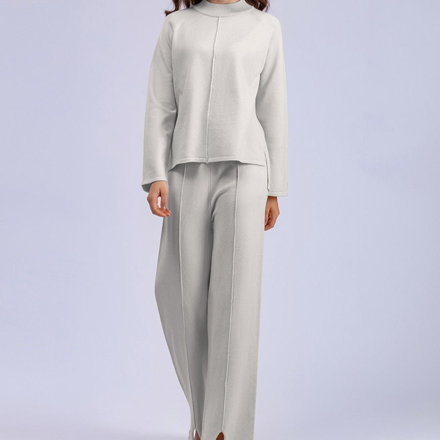 Loose Fit Solid Color Knit Two - Piece Set | Pullover Sweater & Wide Leg Pants with Side Slits(MS143) - Mariam's Collection