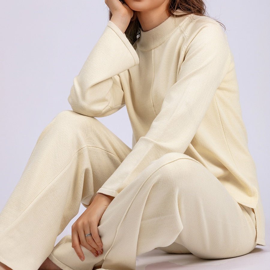 Loose Fit Solid Color Knit Two - Piece Set | Pullover Sweater & Wide Leg Pants with Side Slits(MS143) - Mariam's Collection